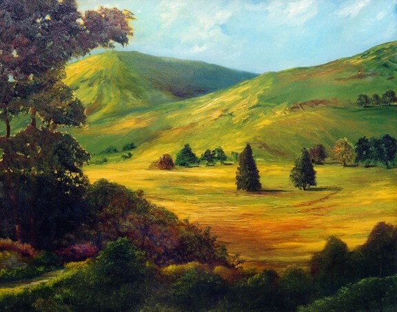 Original oil painting of rolling grassy mountain slopes